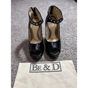 Be & D Black Leather Grommet Ankle Strap Peep Toe Platform Pumps Heels Italy 37
